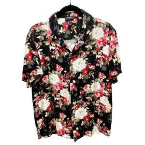 Forever 21 Button Down Shirt Men's Large Black Red White Floral Short Sleeve GUC